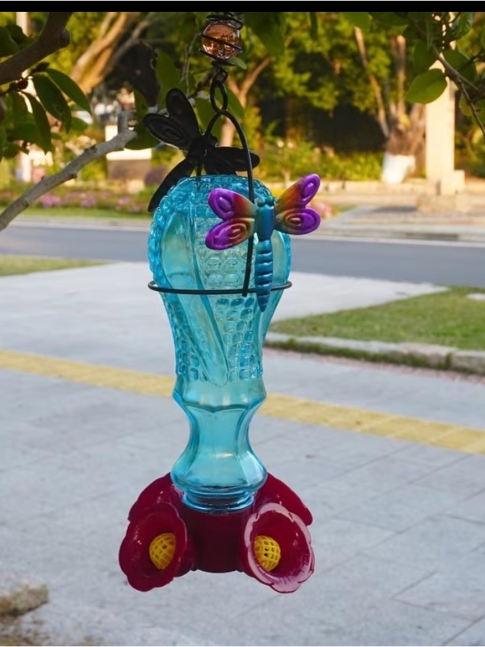 Hummingbird Feeder - Turquoise Blue Glass with Dragonfly Accents